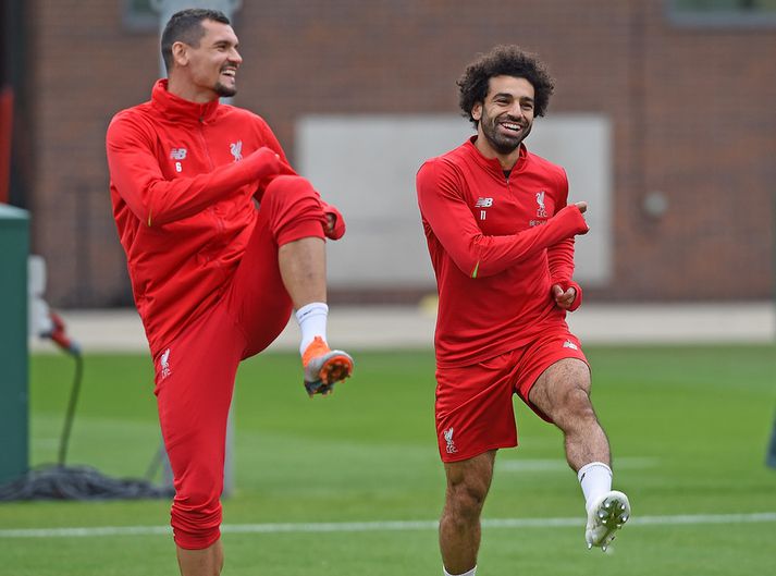 Mohamed Salah með Dejan Lovren á æfingu hjá Liverpool.