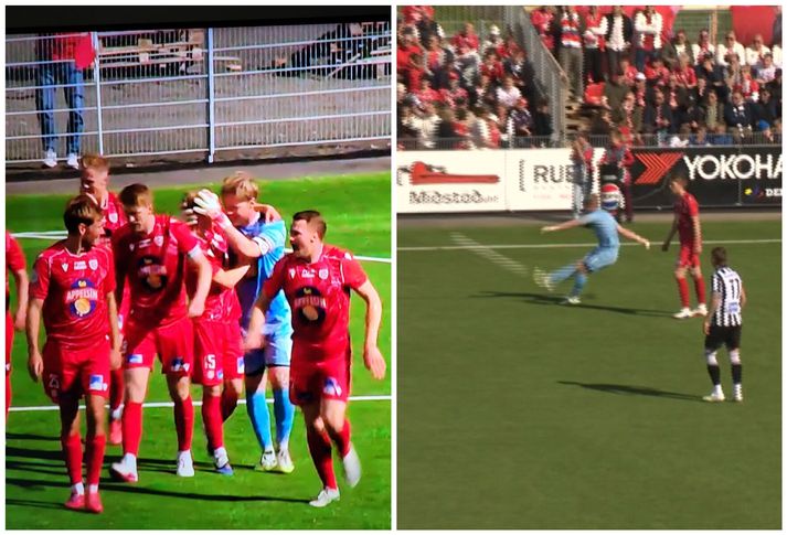Aron Birkir Stefánsson skoraði markið með skoti langt fyrir aftan miðju.