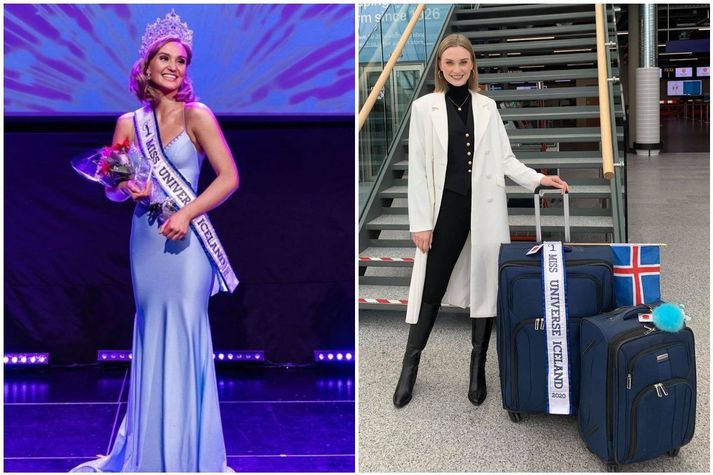Elísabet Hulda á lokakvöldi Miss Universe Iceland og á svo á flugvellinum fyrr í dag. (Arnór Trausti tók myndina af henni í síðkjólnum)