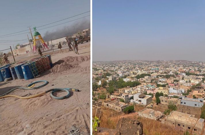 Vinstra megin má sjá vígamenn á götum Kidal í norðuhluta Malí. Hægra megin er mynd af Bamako, höfuðborg landsins, en vígamenn segjast sitja um borgina og að engum verði hleypt þar inn eða út.