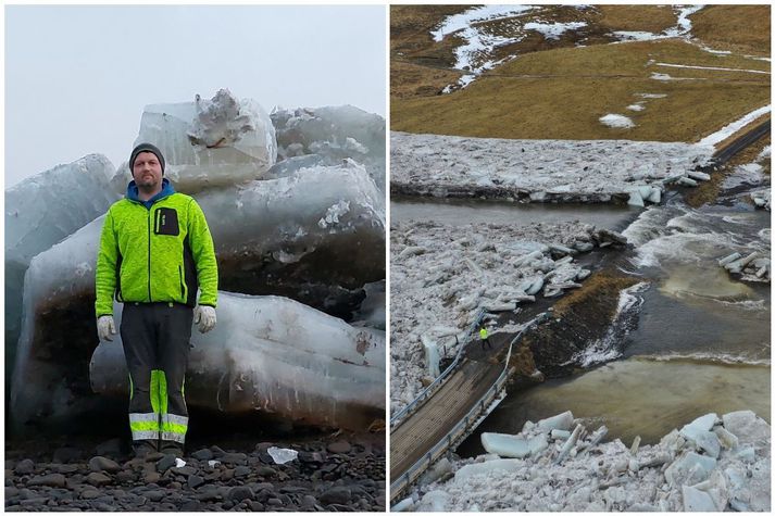 Víðir Már Gíslason á Barkarstöðum við klakastykki eftir krapaflóð í Svartárdal 13. febrúar 2023. Brúin að bæ hans eyðilagðist í flóðinu. 