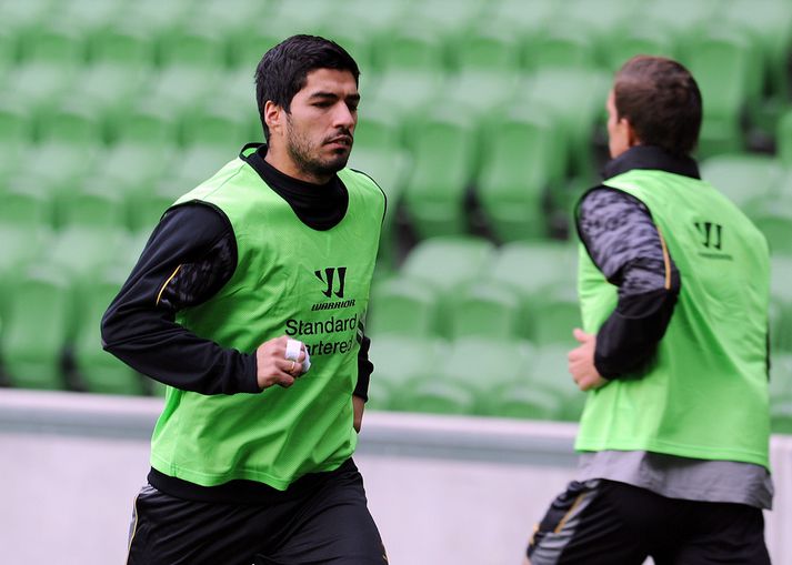 Suarez á æfingu með Liverpool í dag.