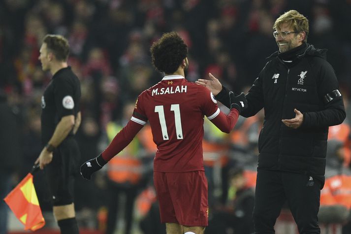 Klopp og Salah á góðu augnabliki í vetur.
