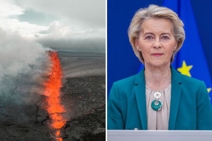 Ursula von der Leyen er á leiðinni til Íslands og hafði hugsað sér að kíkja til Grindavíkur. Skammt frá er hafið eldgos.