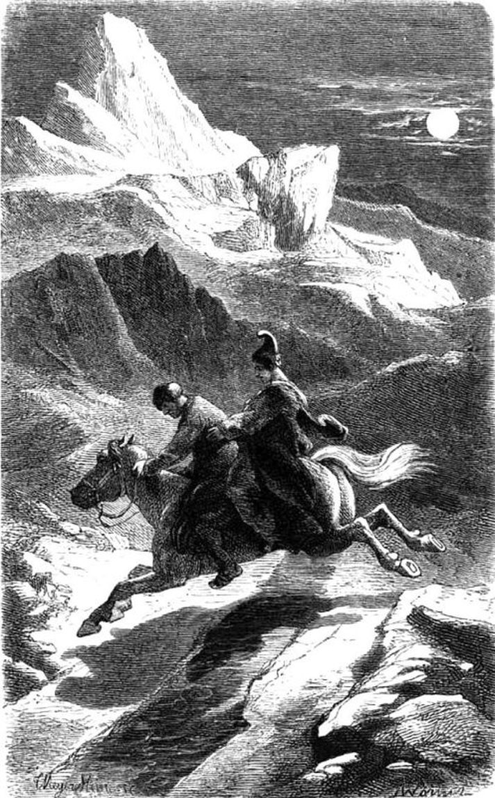 "Hann tók Guðrúnu og setti á bak og settist síðan sjálfur á bak fyrir framan hana. Riðu þau þá svo um hríð, að þau töluðust ekki við. Nú komu þau til Hörgár, og voru að henni skarir háar, en þegar hesturinn steyptist fram af skörinni, lyftist upp hattur djáknans að aftanverðu, og sá Guðrún þá í höfuðkúpuna bera.“

Úr Djáknanum á Myrká.