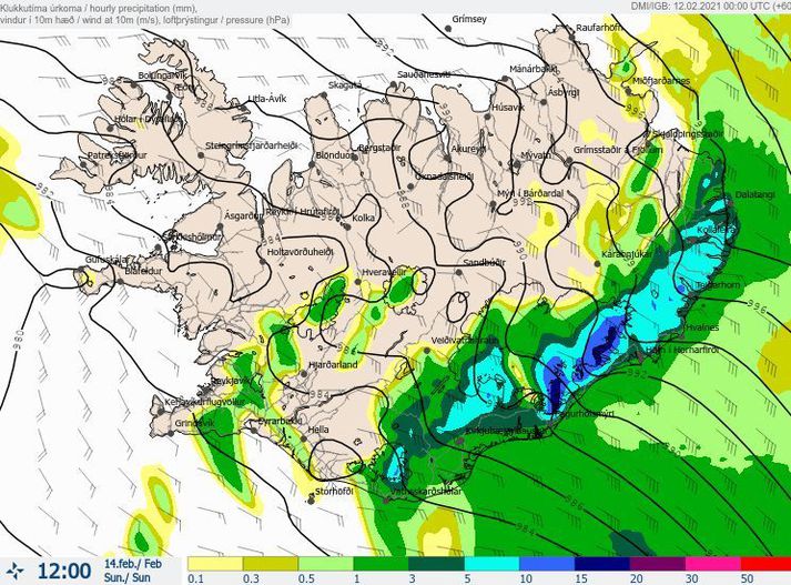 Úrkomuspákort Veðurstofunnar fyrir hádegið á sunnudag.