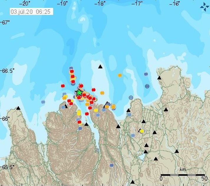 Svona leit Tjörnesbrotabeltið út á skjálftakortum Veðurstofunnar í morgun.