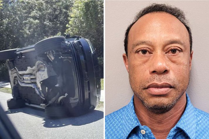 Bílinn valt en Tiger Woods slapp ómeiddur. Hann var tekinn í gæsluvarðhald, grunaður um akstur undir áhrifum lyfja, en hefur nú verið sleppt gegn tryggingu. 