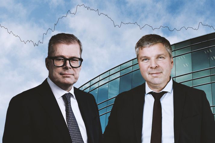 Guðmundur Þ. Þórhallsson, framkvæmdastjóri Lífeyrissjóðs verslunarmanna, og Ólafur Sigurðsson, framkvæmdastjóri Birtu. Sameinaður lífeyrissjóður yrði sá langsamlega stærsti hér á landi með vel á þriðja þúsund milljarða króna í hreina eign, eða sem jafngildir nærri helmingi af landsframleiðslu Íslands.  