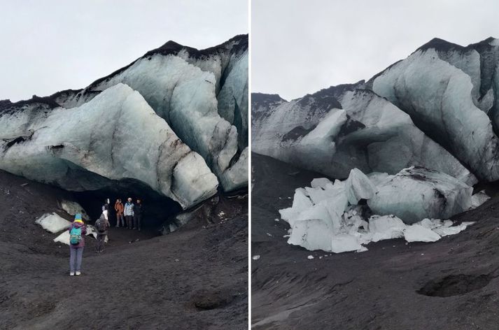 Myndirnar eru teknar með nokkura vikna millibili en ljóst er að aðstæður voru mjög hættulegar og má sjá tvær djúpar sprungur í ísnum á fyrri myndinni.