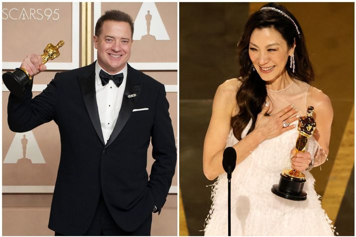 Brendan Fraser og Michelle Yeoh unnu í flokkunum besti leikari og besta leikkona í aðalhlutverki í kvöld. Fraser fékk Óskarinn fyrir hlutverk sitt í The Wale og Yeoh fyrir Everything Everywhere All At Once.