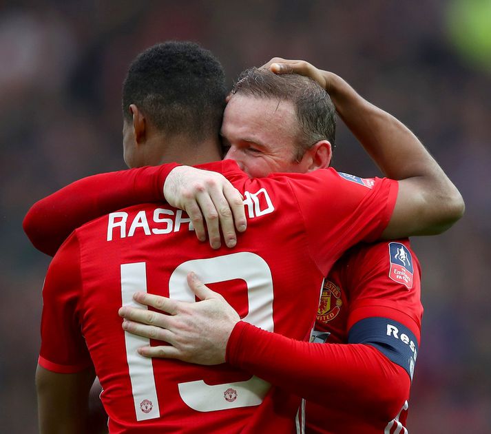 Marcus Rashford og Wayne Rooney fagna um helgina.