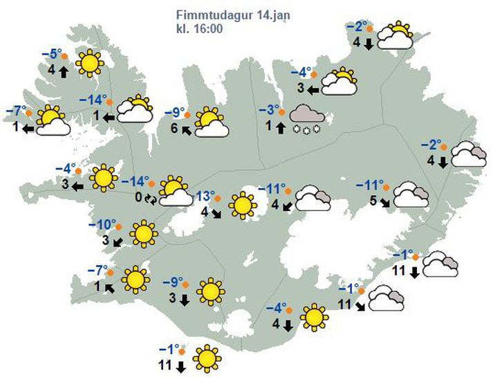 Svona lítur spákort Veðurstofu Íslands út fyrir fimmtudag. Má búast við að fjölmargir muni draga fram skíðin í tilefni af þessu blíðviðri, þó svo að kalt verði í veðri.