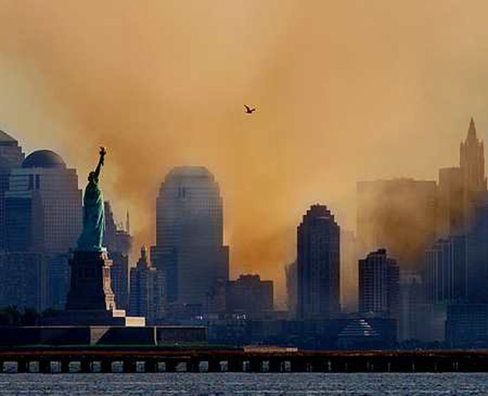 Einmana máfur sveimar yfir "ground zero" 12. september 2001.