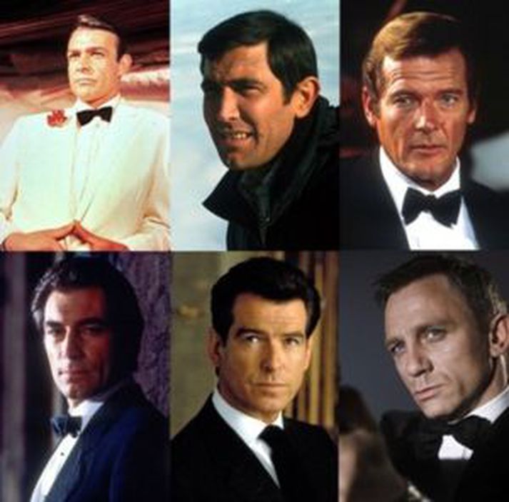 Þeir sex leikarar sem hafa leikið 007, Sean Connery, George Lazenby, Roger Moore, Timothy Dalton, Pierce Brosnan og Daniel Craig.