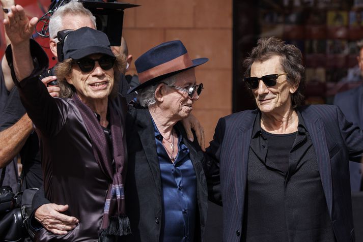 Sir Mick Jagger, Keith Richards og Ronnie Wood fyrir viðburðinn í dag.