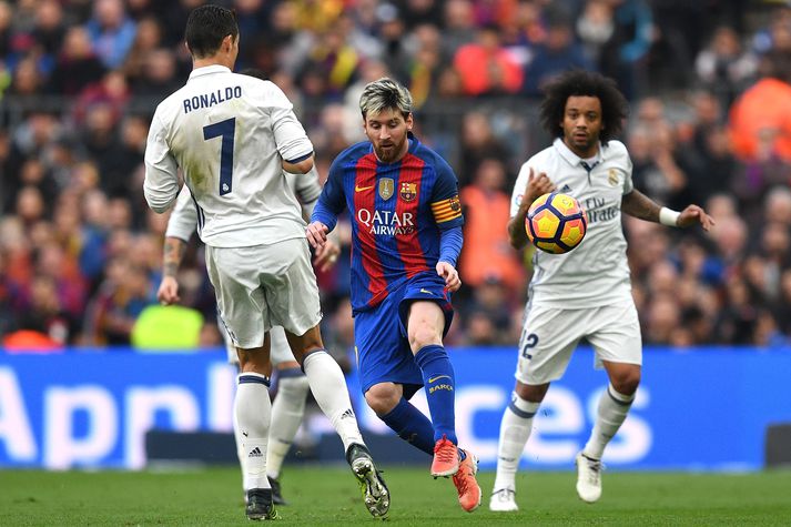 Ronaldo, Modridc og Marcelo reyna að stöðva Messi í dag.
