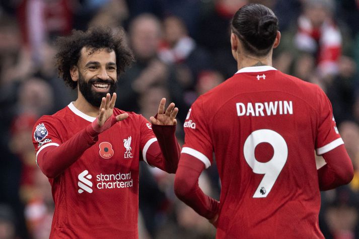 Mohamed Salah fagnar einu af tvö hundruð mörkum sínum fyrir Liverpool.