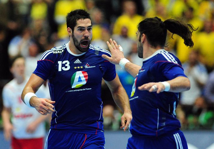 Nikola Karabatic og Bertrand Gille fagna í leiknum í dag