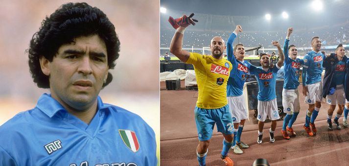 Diego Maradona og leikmenn Napoli að fagna í gær.
