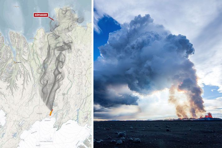 Mengun af völdum eldgossins teygir sig alla leið norður á Kópasker.