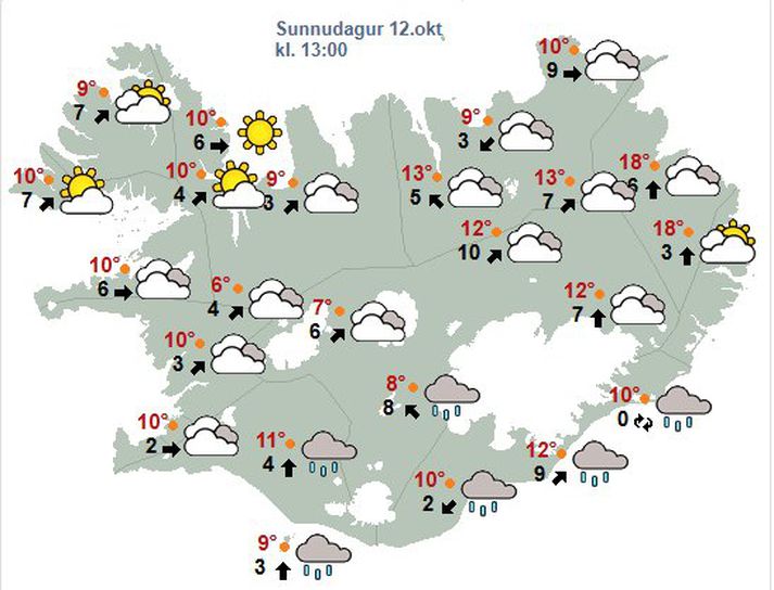 Veðurspáin klukkan eitt í dag.
