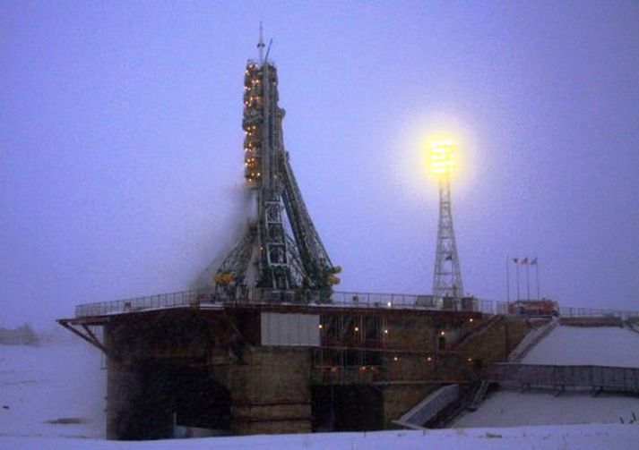 Frá skotpallinum Baikonur Cosmodrome í Kasakstan.