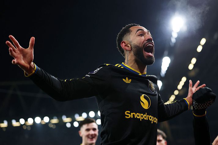 Matheus Cunha fagnar sigurmarkinu gegn Arsenal.