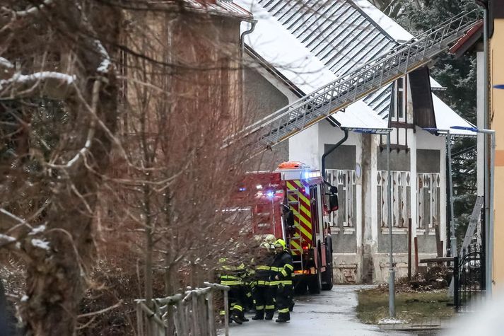 Slökkviliðsmenn að störfum við heimilið í morgun.