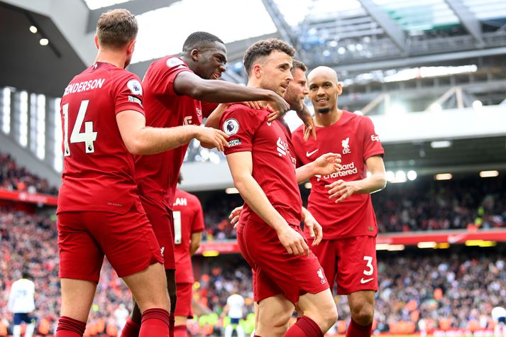 Diogo Jota reyndist hetja Liverpool í dag.