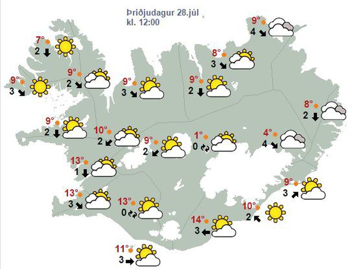 Veðurkortið lítur vel út fyrir morgundaginn.