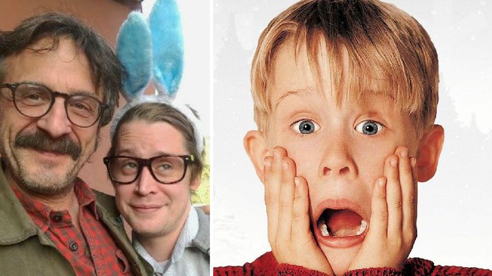 Macauley Culkin með þáttastjórnanda hlaðvarpsins Marc Maron.