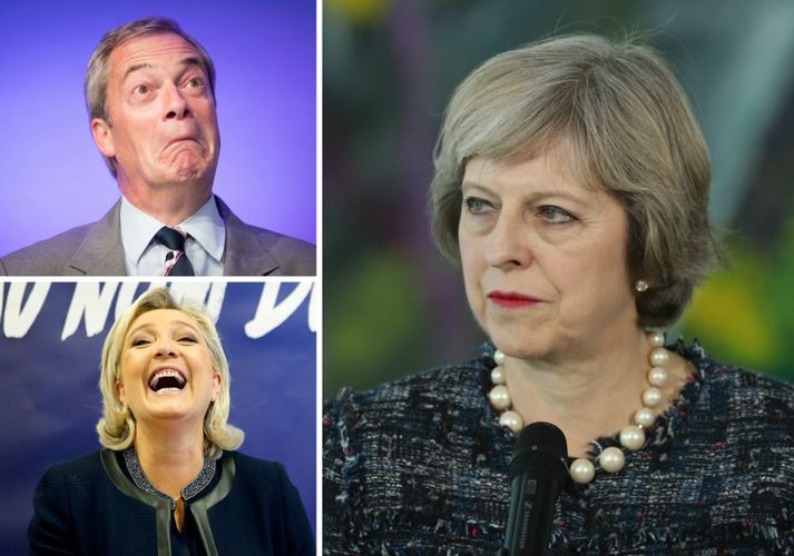 Nigel Farage, Mariane Le Pen og Theresa May.