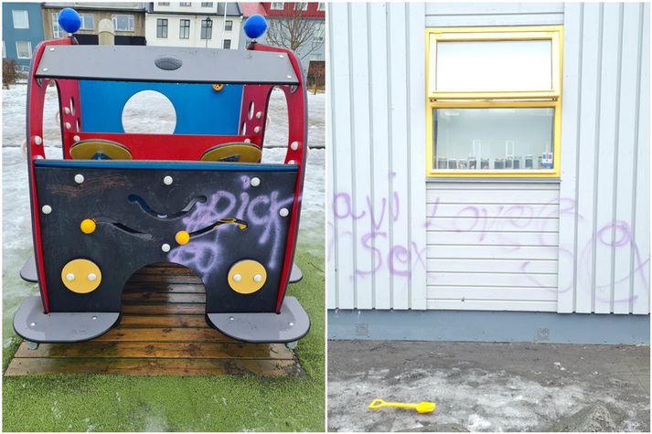 Þeir sem þarna voru á ferð brutust inn í dótaskúrinn, drógu leikföng og muni út og spreyjuðu á það og húsakynni leikskólabarnanna. Málið hefur verði tilkynnt til lögreglu en Halldóra Guðmundsdóttir leikskólastjóri biðlar til nágranna að hafa auga með athvarfi barnanna.