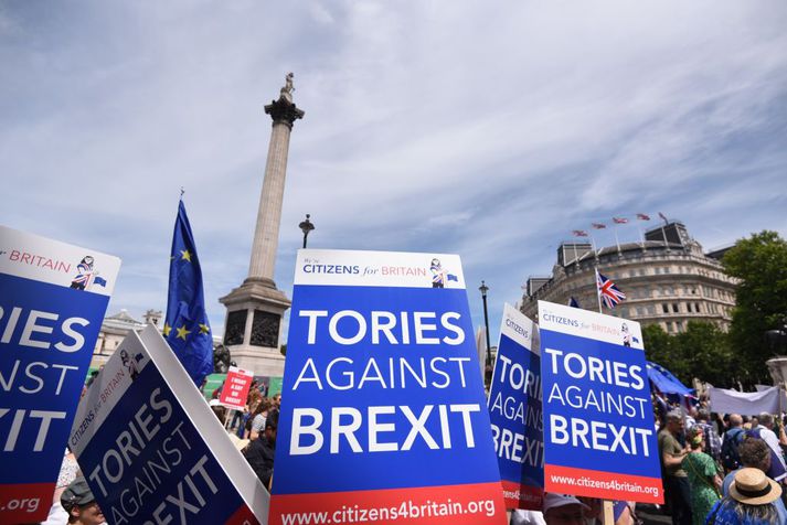 Brexit var mótmælt í London í gær á tveggja ára afmæli þjóðaratkvæðagreiðslunnar örlagaríku.