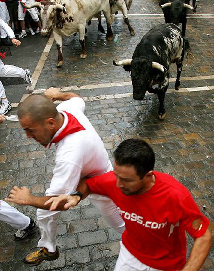 Þátttakendur í nautahlaupinu áttu fótum fjör að launa í hlaupi gærdagsins.