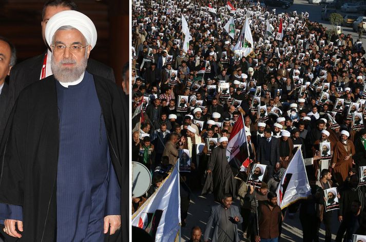 Hassan Rouhani, forseti Íran. Frá mótmælum í Íran vegna aftöku Al-Nimr.