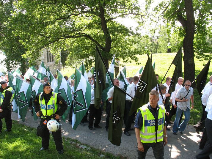 Frá kröfugöngu sænska arms Norrænu mótstöðuhreyfingarinnar í Stokkhólmi árið 2007.