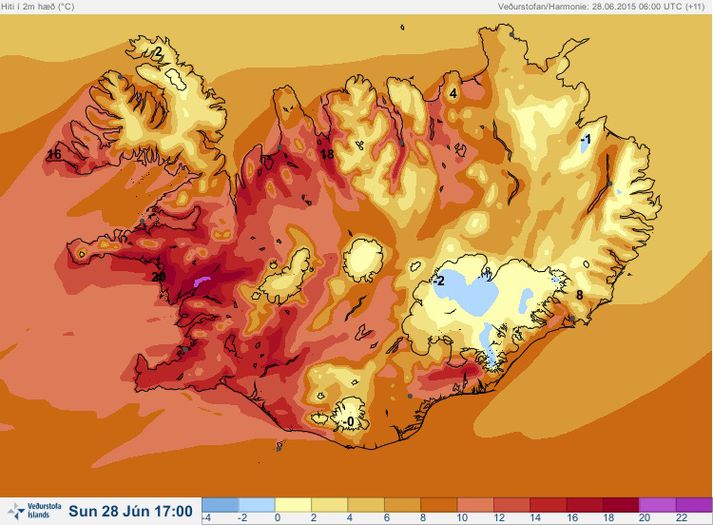 Skjáskot af hitaspá Veðurstofunnar klukkan þrjú í dag.