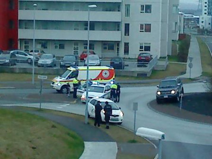 Sjúkraflutningamenn voru kallaðir á staðinn til öryggis en sem betur fer slasaðist barnið ekki alvarlega. Mynd/ Guðný.