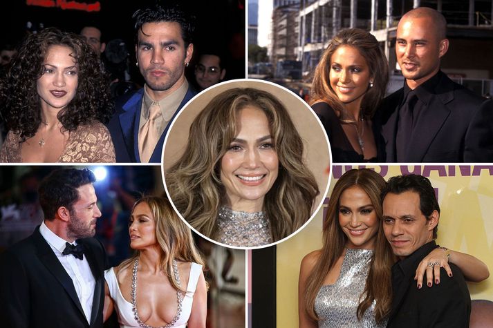 Jennifer Lopez ásamt eiginmönnum sínum fjórum: Ojani Noa, Cris Judd, Marc Anthony og Ben Affleck.