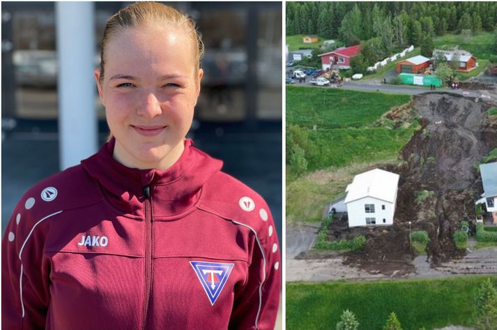 Bryndís Rut Haraldsdóttir, fyrirliði Tindastóls, býr á neðri hæð í þessu hvíta húsi í Varmahlíð þar sem aurskriðan féll á þriðjudaginn í síðustu viku.