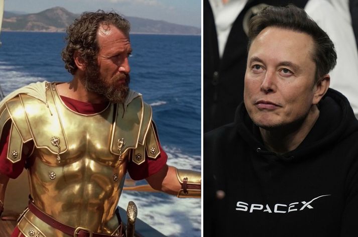 Elon Musk með gervigreindarsköpuðum Ódysseifi.