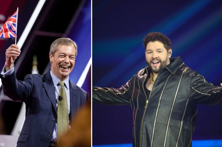 Farage (t.v.) vill að Bretland hætti að taka þátt í Eurovision. Newman (t.h.) fékk ekki eitt einasta stig á úrslitakvöldinu í gær.