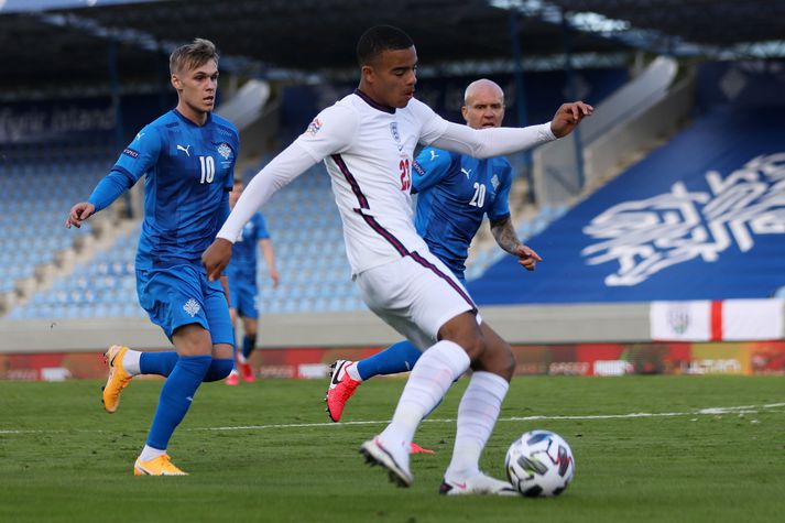 Iceland v England - UEFA Nations League REYKJAVIK, ICELAND - SEPTEMBER 05: Mason Greenwood of England shoots during the UEFA Nations League group stage match between Iceland and England at Laugardalsvollur National Stadium on September 05, 2020 in Reykjavik, Iceland. (Photo by Haflidi Breidfjord/Getty Images)