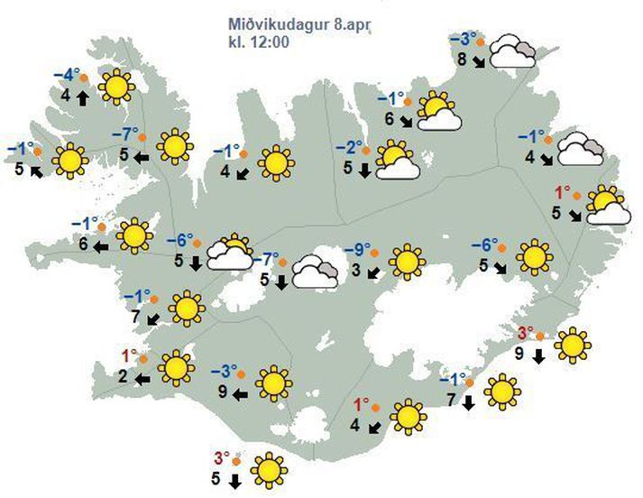 Spákortið fyrir hádegið. Sólin lætur sjá sig.