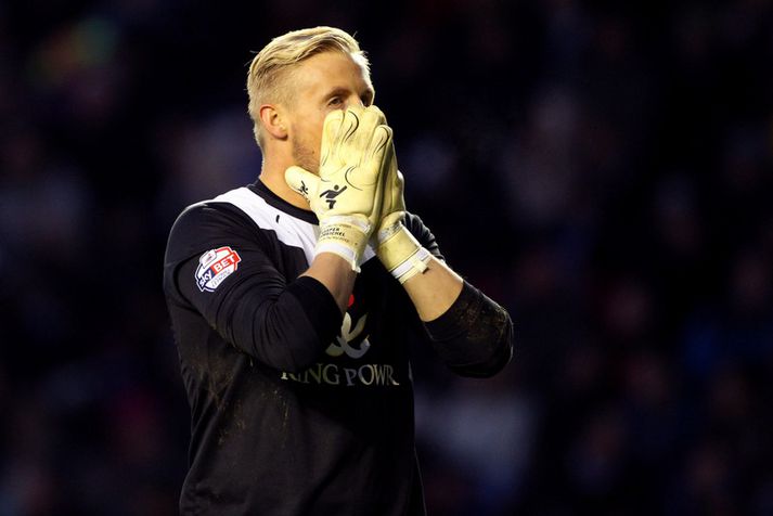 Kasper Schmeichel ver mark Leicester í úrvalsdeildinni í vetur.