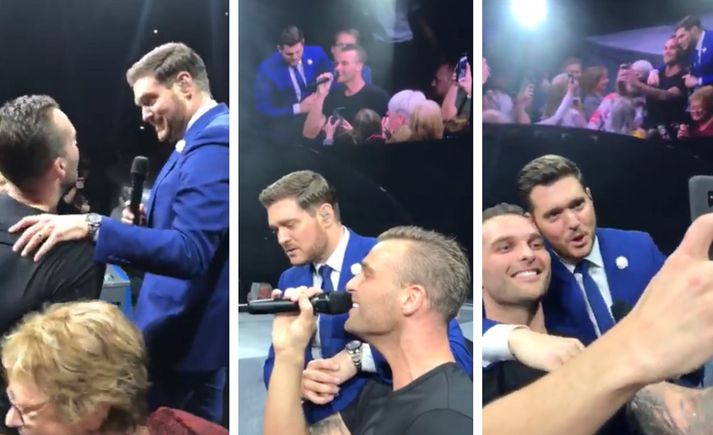 Arnar Jónsson og Michael Bublé á sviðinu í Glasgow.