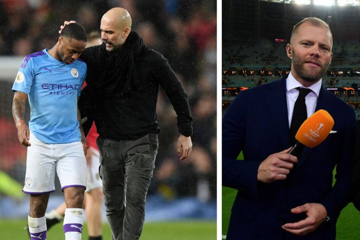 Pep Guardioal hugreystir Raheem Sterling eftir leik en til hægri er Eiður Smári Guðjohnsen.