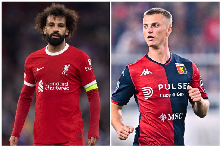 Mohamed Salah, leikmaður Liverpool og Albert Guðmundsson, leikmaður Genoa